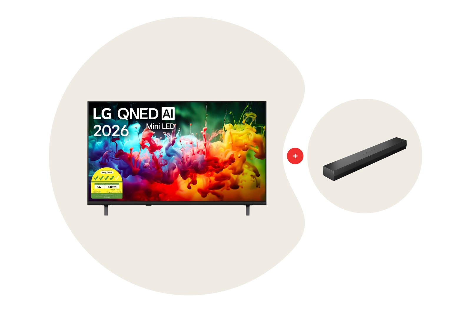 Front view of 50 inch LG QNED AI QNED70 Mini LED 4K Smart TV Bundle with Soundbar S20A 50QNED70.S20A