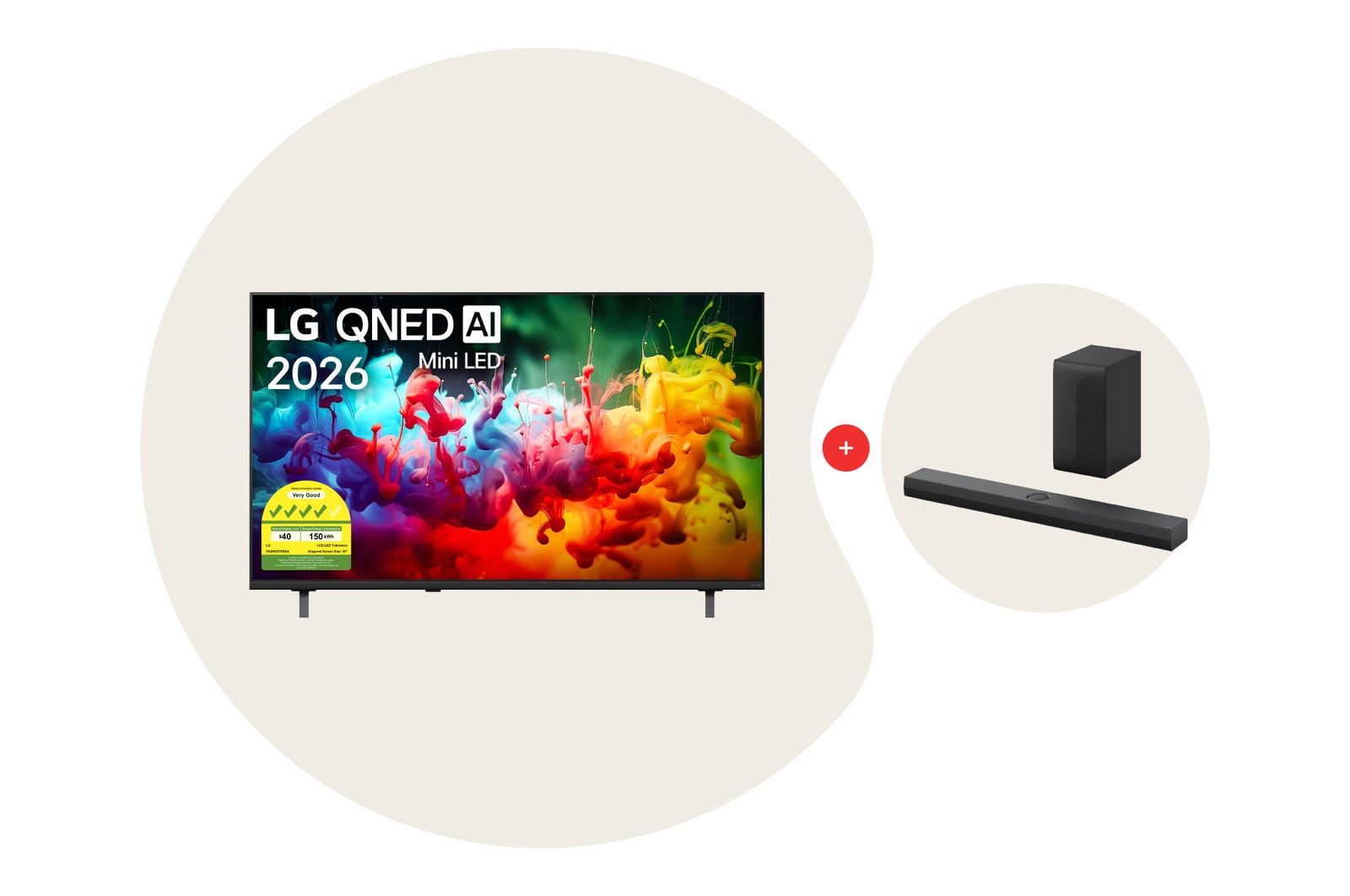Front view of 55 inch LG QNED AI QNED70 Mini LED 4K Smart TV Bundle with Soundbar S70TY 55QNED70.70TY
