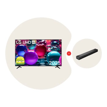 Front view of 55 Inch LG UHD AI UA73 4k Smart TV + S20A Soundbar Bundle 55UA7350.S20A