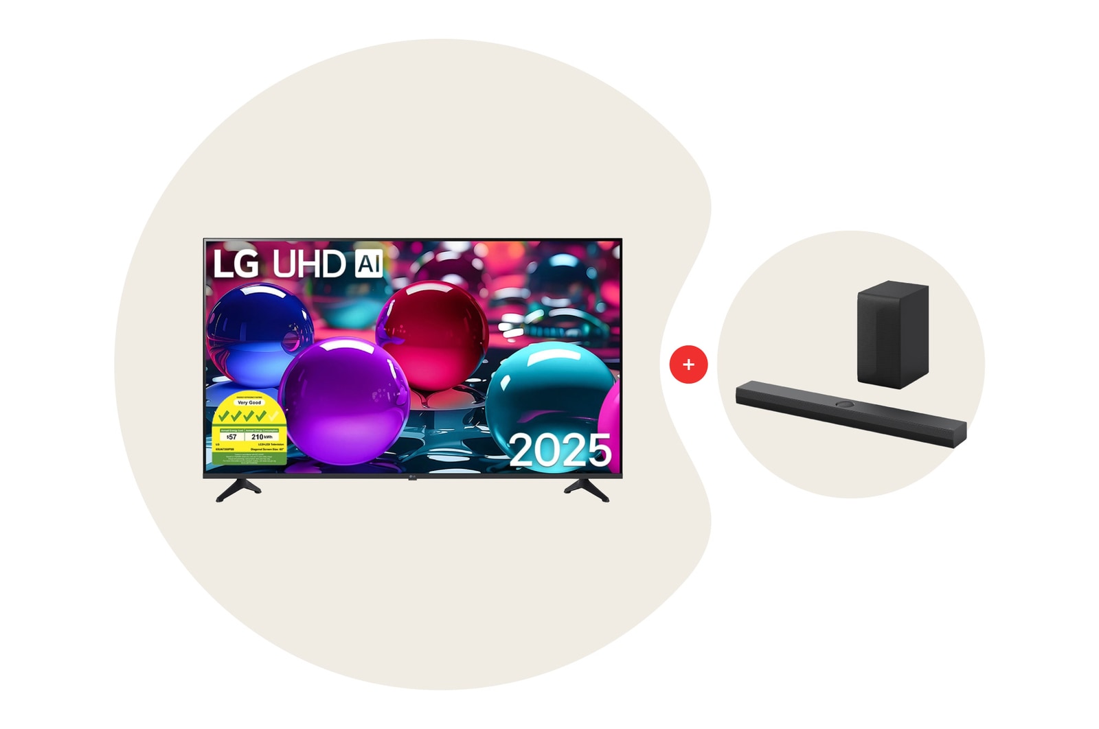 Front view of 65 Inch LG UHD AI UA73 4k Smart TV + S70TY Soundbar Bundle 65UA7350.S70TY