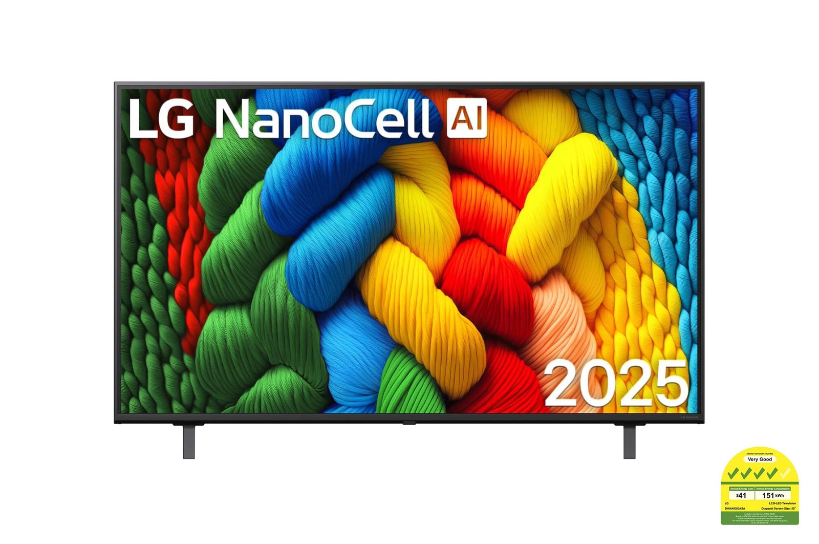 Front view of NanoCell TV, LG NanoCell Al Logo on the top corner. LG NanoCell NANO80 TV depicts colorful paintike textures coming together.