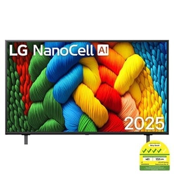 Front view of NanoCell TV, LG NanoCell Al Logo on the top corner. LG NanoCell NANO80 TV depicts colorful paintike textures coming together.