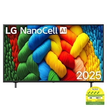 Front view of NanoCell TV, LG NanoCell Al Logo on the top corner. LG NanoCell NANO80 TV depicts colorful paintike textures coming together.