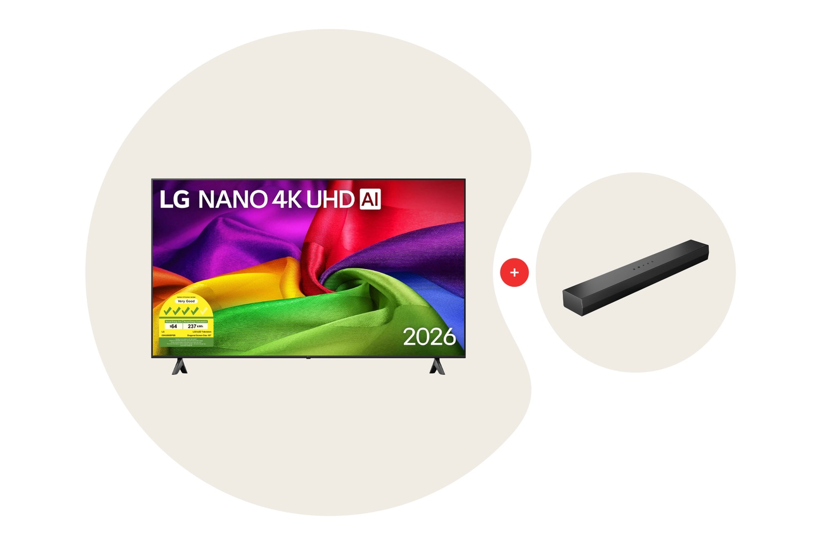 Front view of 65 Inch LG NANO 4K UHD AI NU80 Smart TV 2026 Bundle with Soundbar S20A 65NU805.S20A