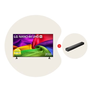 Front view of 65 Inch LG NANO 4K UHD AI NU80 Smart TV 2026 Bundle with Soundbar S20A 65NU805.S20A
