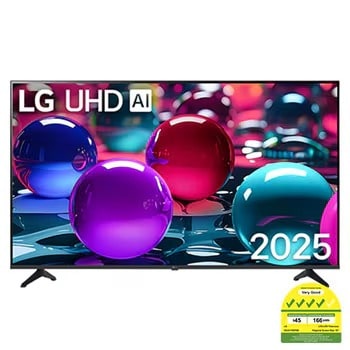 Front view of UHD UA73 TV, LG UHD Al Logo on the top corner. LG UHD TV depicts colorful paintike textures coming together.