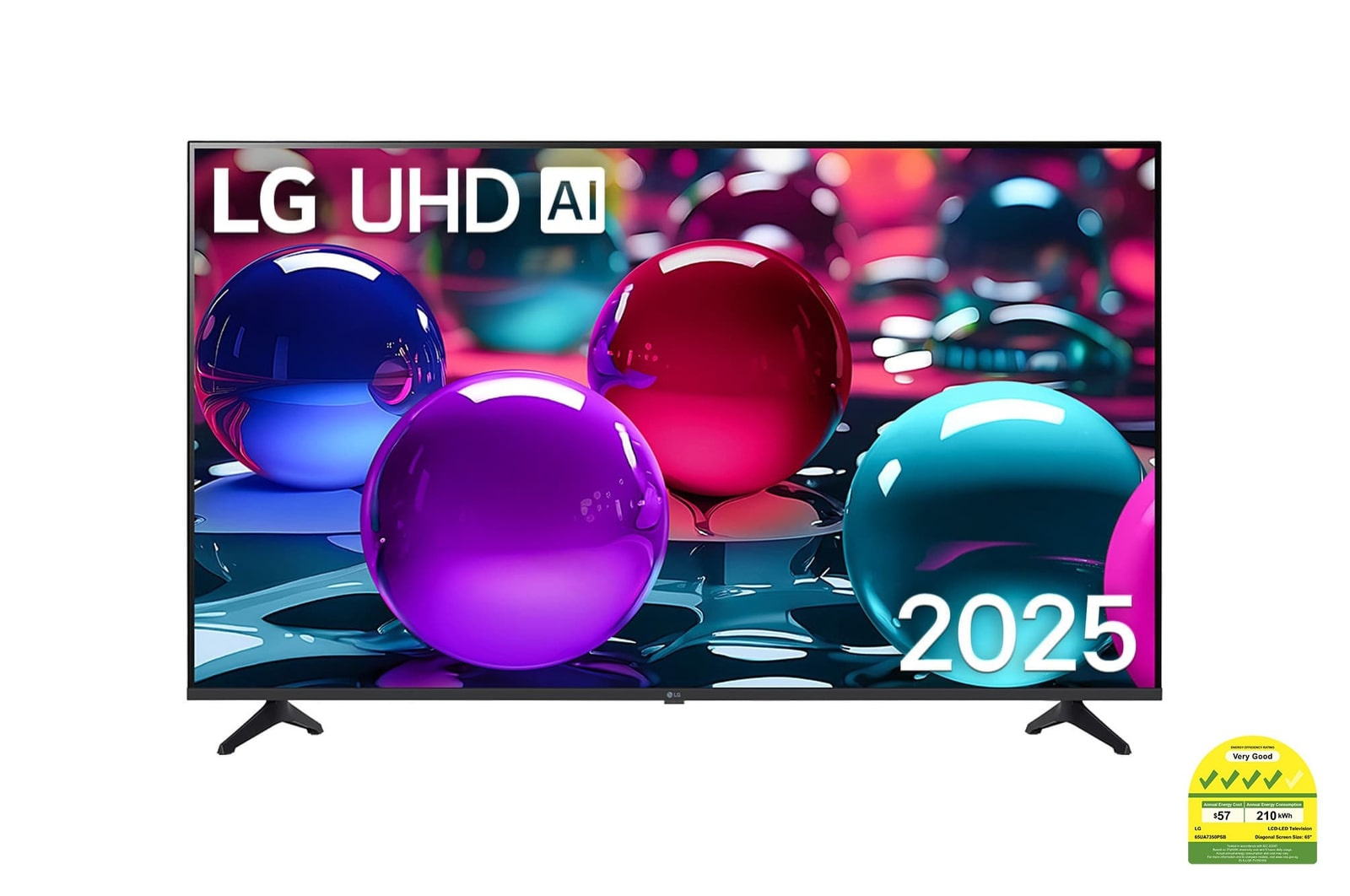 Front view of UHD UA73 TV, LG UHD Al Logo on the top corner. LG UHD TV depicts colorful paintike textures coming together.
