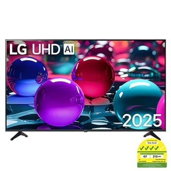 Front view of UHD UA73 TV, LG UHD Al Logo on the top corner. LG UHD TV depicts colorful paintike textures coming together.