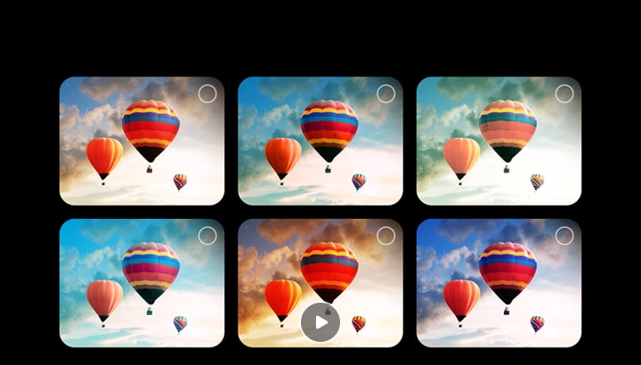 A gallery featuring 6 images of hot air balloons in the sky is shown. Two images are selected. Next, a gallery featuring 6 images of people blowing bubbles appears. 2 more are selected. A black screen appears with a pink and purple loading icon. A mystical landscape appears, and refinements appear gradually from left to right.
