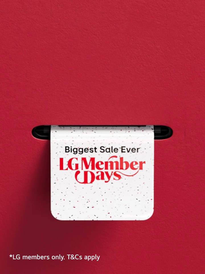 LG Member Days promotional video with red background and white scroll-style banners. Scenes highlight key offers such as ‘Biggest Sale Ever,’ discounts up to 47% off, and gift cards worth up to $4,250. Featured LG products include a refrigerator, washing machine, TV, monitor, dehumidifier, LG Gram laptop, Standbyme and projector. Text on each scene notes ‘LG members only. T&Cs apply.’