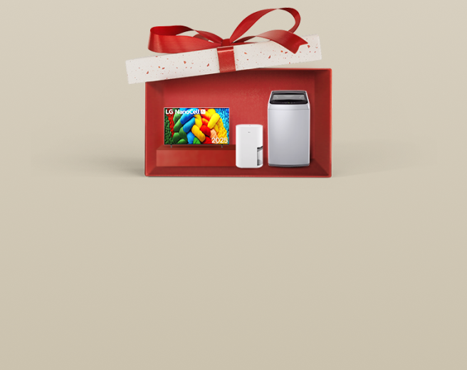 LG Member Days banner featuring a gift box with a red ribbon containing LG home appliances and a TV. 