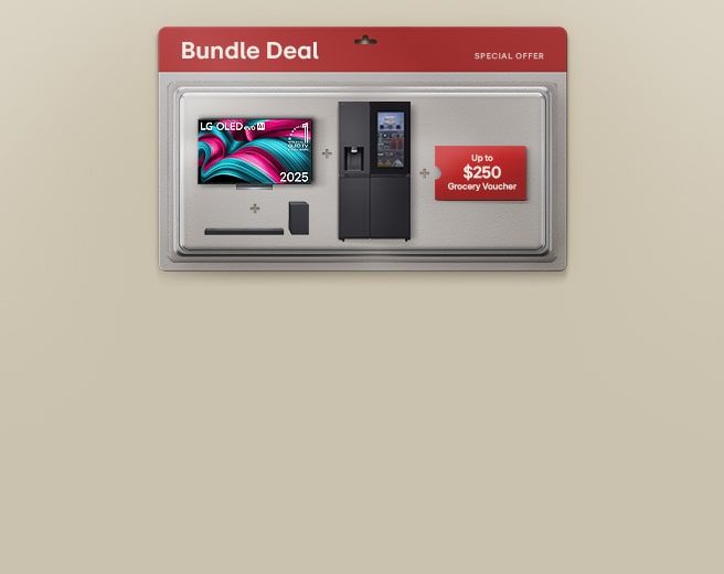 LG Bundle Deal promotion banner showing LG OLED evo TV, soundbar, and refrigerator set with a special offer of up to $250 grocery voucher.