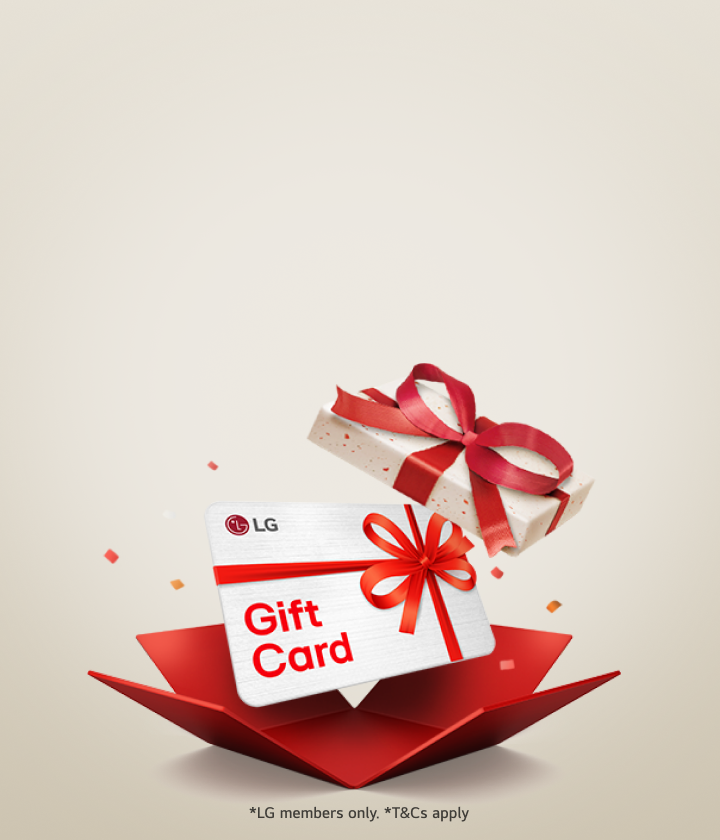An LG Gift card with a red ribbon and a wrapped gift box floating above a red open box. Text at the bottom reads ‘LG members only. *T&Cs apply.