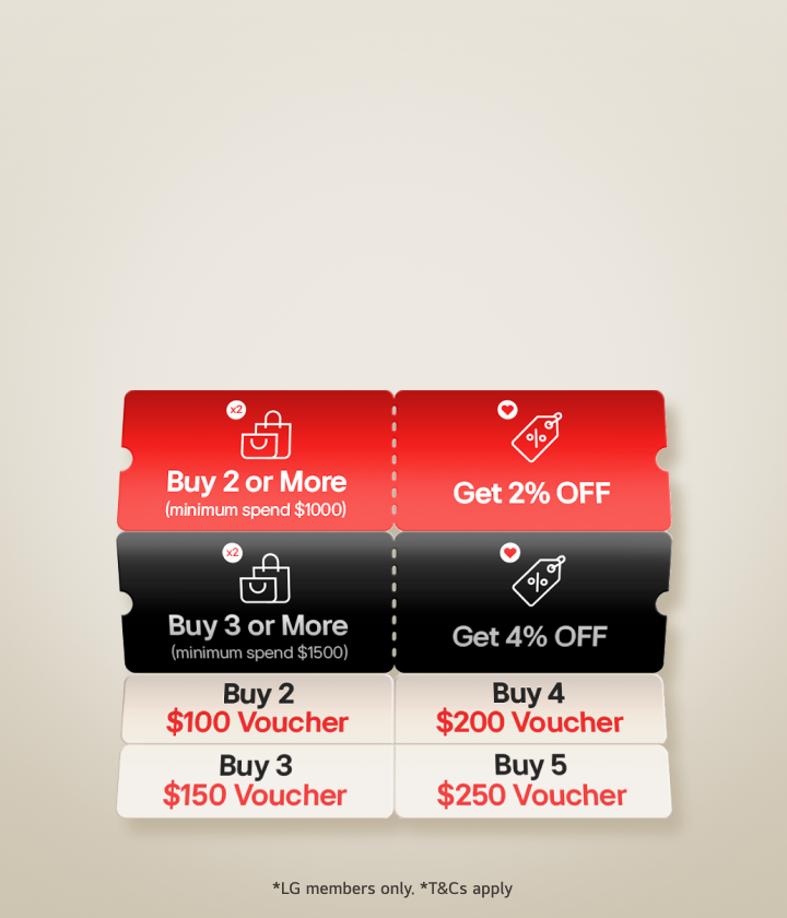 Upsized Package Deal banner for LG Member Days. Buy 2 or more (min. spend $1000) to get 2% off, buy 3 or more (min. spend $1500) to get 4% off. Grocery vouchers up to $250: Buy 2 get $100 voucher, Buy 3 get $150 voucher, Buy 4 get $200 voucher, Buy 5 get $250 voucher. LG members only, terms and conditions apply.