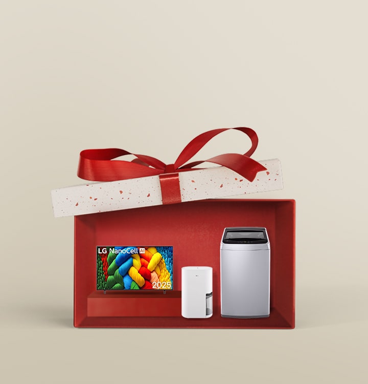 LG Member Days banner with the text ‘Online Exclusives, Up to 38% OFF!’ A red gift box with a ribbon contains an LG TV, an air purifier, and a home appliance.