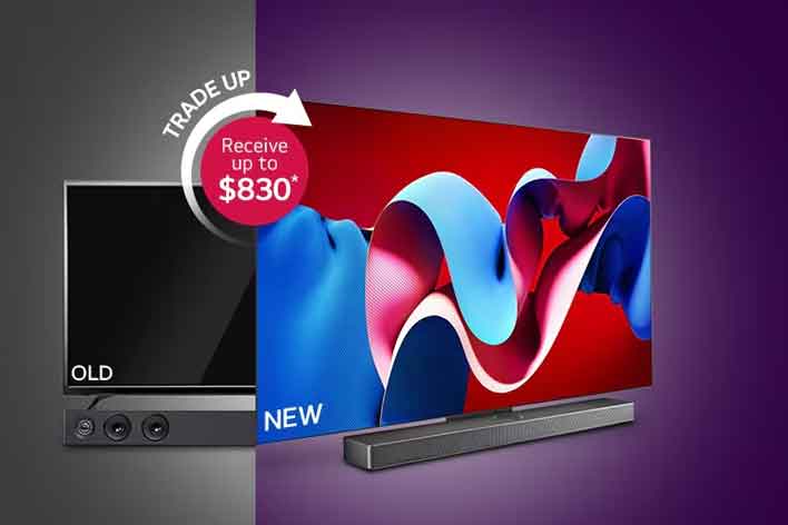 LG TV seen together with an LG Soundbar and external speaker. On the screen is a violinist performing.	
