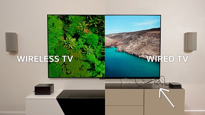 Split-screen comparison of wired versus wireless TV installation. With the wired TV, the setup is messy with wires visibly sticking out and looking disorganized. With wireless TV, it's clean, clutter-free, and more convenient.	