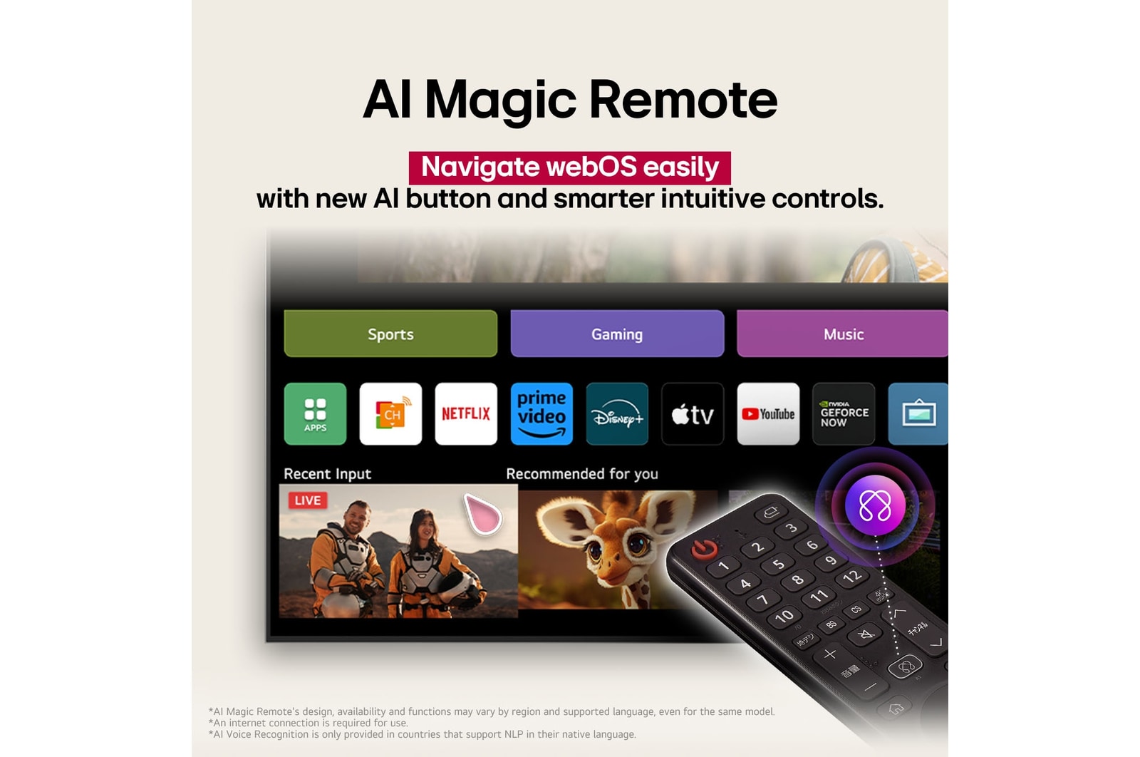 LG AI Magic Remote in front of an LG TV screen. On the screen is a personalized greeting from the LG AI with custom keywords based on the user's search and watch history. By the remote is an icon and label showing that the AI Concierge functionality is easily accessible with one short press on the AI button. 