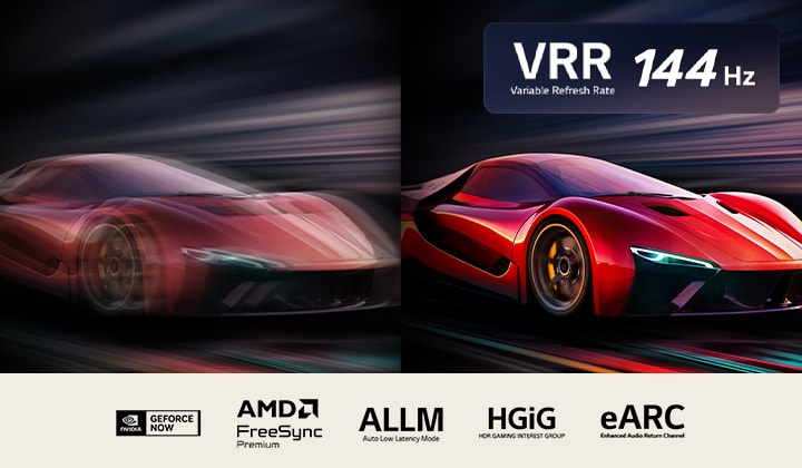 Two images of a car in a video game side-by-side. One shows a lot of motion blur. The other is sharp and in-focus showing the high frame rate of LG QNED TV. VRR logo and a 144Hz logo are on the upper right corner.