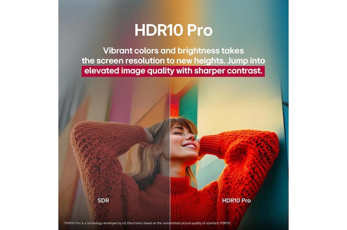 A photo of a girl in a red sweater split down the middle to show the left side in SDR and the right side in HDR10 Pro. The right side of the image is more sharp and in contrast in comparison to the left side of the image. The title talks about how HDR10 Pro provides elevated image quality and sharper contrast. 