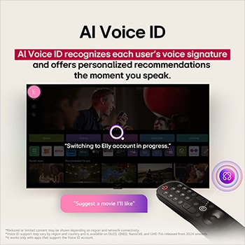 LG TV screen with an AI Magic Remote on the foreground. The AI button is highlighted and a speech bubble shows text, suggest a movie I like. On the screen we see the user icon E, indicating how AI Voice ID was able to identify which user it was and give personalized recommendations just based on their voice.
