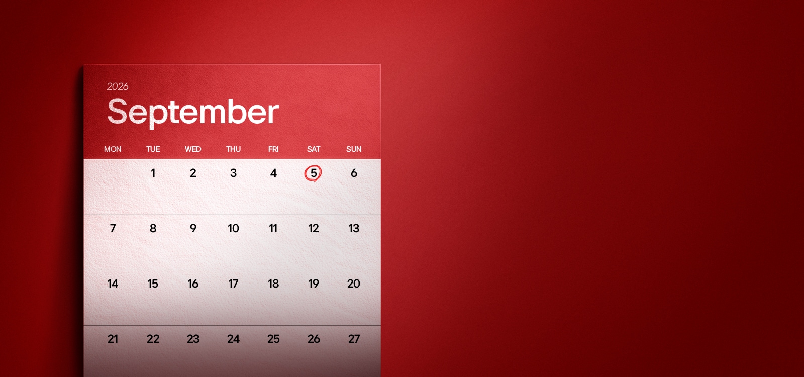 Hint screen from the LG Member Days quiz shown after an incorrect answer. A September 2026 calendar highlights the 5th as a clue.