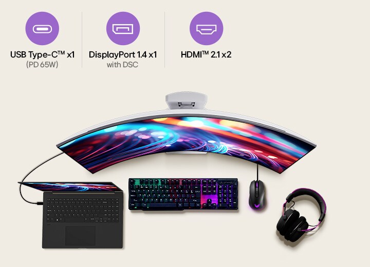 This image presents the connectivity options of an LG curved gaming monitor, including USB Type-C™ with PD 65W, DisplayPort 1.4 with DSC, and HDMI™ 2.1 ports, along with a laptop, keyboard, mouse, and headset setup for a versatile gaming and work environment.