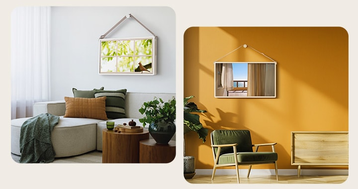 LG StanbyME 2 Max LX6 Movable Screen is displayed in two cozy room settings, bringing relaxation into your space with effortless mobility, flexible placement, and seamless use