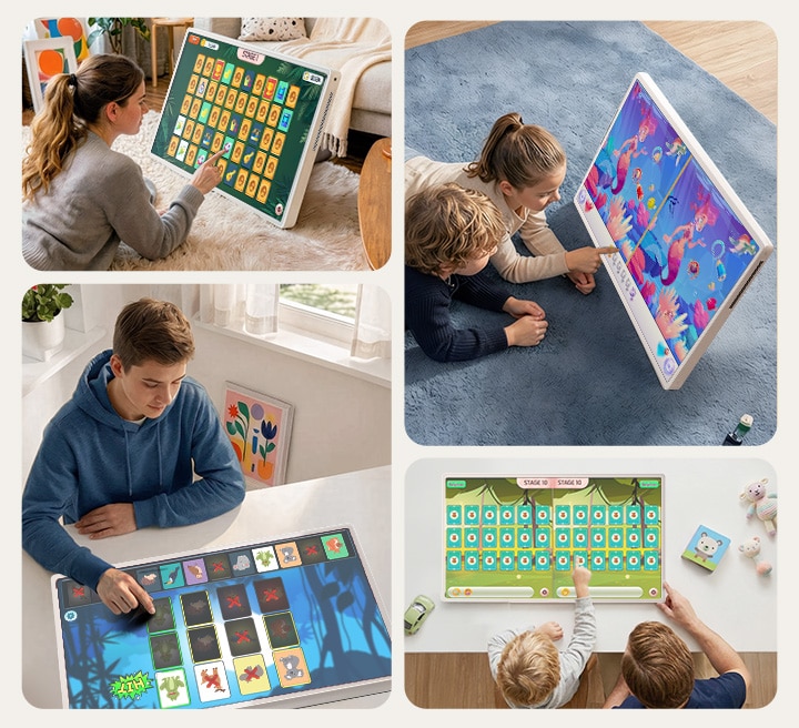 LG StanbyME 2 Max LX6 Movable Screen with Interactive Board Games shows users playing Memory Game and Spot the Difference on screen while seated on the floor or at a table, enabling enabling device-free gameplay.
