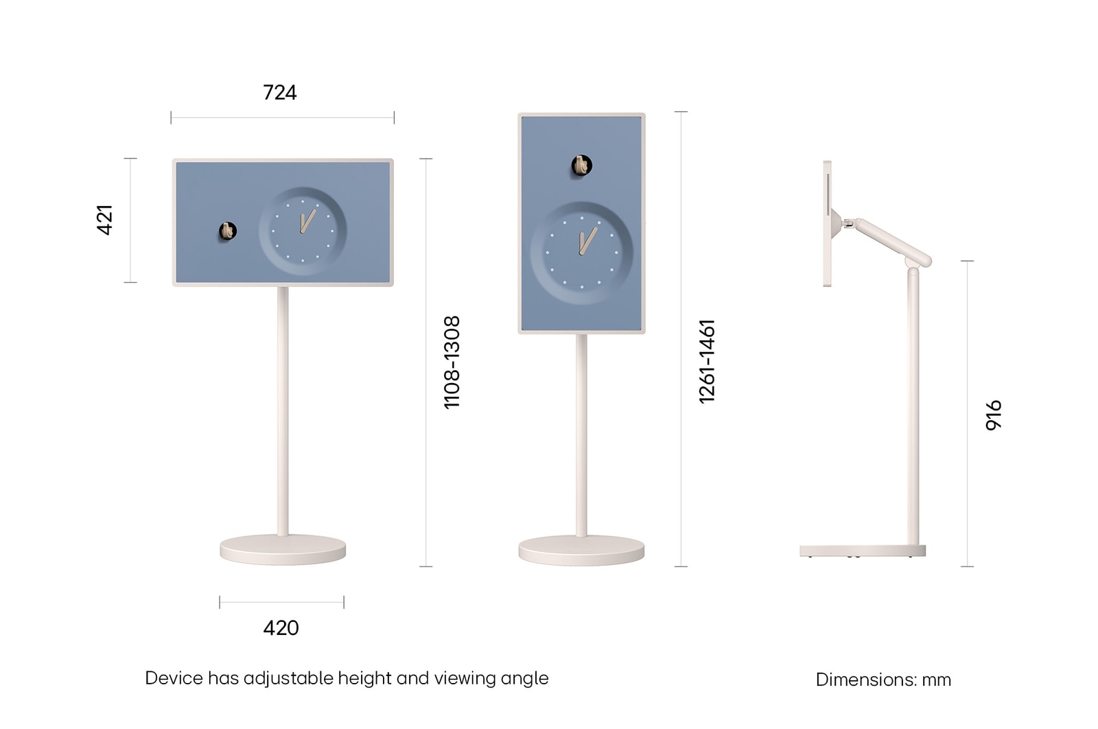 LG StanbyME 2 Max LX6 Movable Screen shown in front and side views features a 32-inch display measuring 724 mm by 421 mm. The total height including the screen is 1108–1308 mm when the screen is horizontal and 1261–1461 mm when the screen is vertical, with a 916 mm stand height.