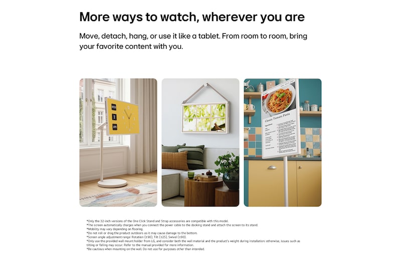 LG StanbyME 2 Max LX6 Movable Screen showcased in multiple home settings, highlighting its detachable and super portable screen for flexible use wherever you are—standing by a window, wall-mounted like décor, or used for viewing content anywhere.