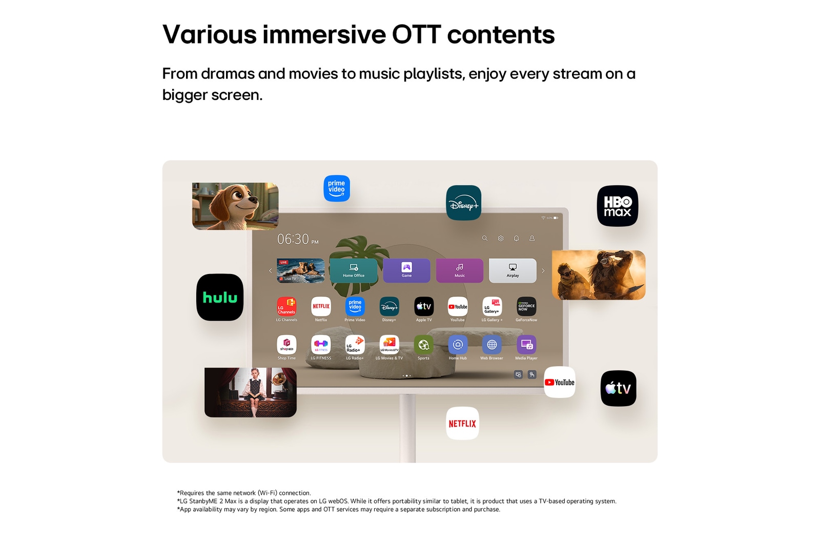 LG StanbyME 2 Max LX6 Movable Screen with Various OTT Services displays streaming app interfaces like Netflix and YouTube on and around the screen, representing access to diverse contents including dramas, movies, and music.