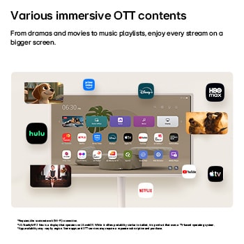 LG StanbyME 2 Max LX6 Movable Screen with Various OTT Services displays streaming app interfaces like Netflix and YouTube on and around the screen, representing access to diverse contents including dramas, movies, and music.