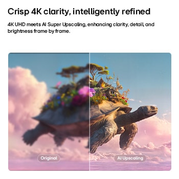 LG StanbyME 2 Max LX6 Movable Screen with AI Super Upscaling shows a split image of a flying turtle with objects on its shell, with one side blurred and the other clear, demonstrating enhanced clarity and refined 4K-level detail.