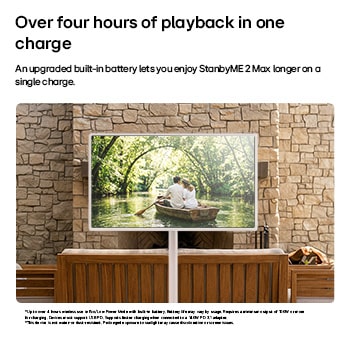 LG StanbyME 2 Max LX6 Movable Screen with a Built-in Battery stands among wooden furniture in a stone-walled courtyard, supporting over four hours of playback in one charge for flexible viewing without a power connection.