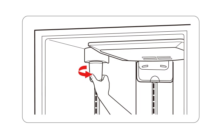 Hand turning a filter in the top left corner of an LG refrigerator.