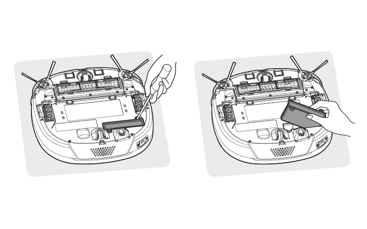 Diagram showing a person inserting a battery into the bottom of a robotic vacuum cleaner.