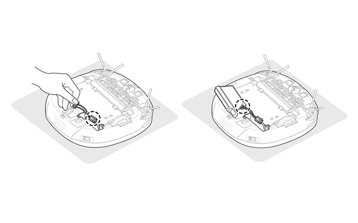 Hand removing and inserting battery in LG robotic vacuum, shown in two steps on a light grey background.