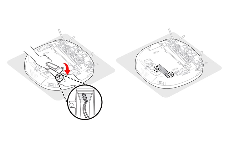 Diagram showing instructions for removing and replacing a battery inside a robotic vacuum cleaner.