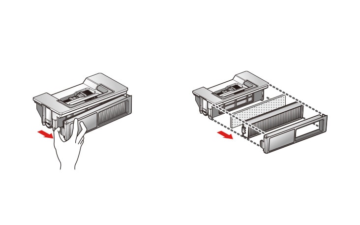Hand removing filter from washing machine; disassembled filter parts shown separately with red arrows indicating direction.