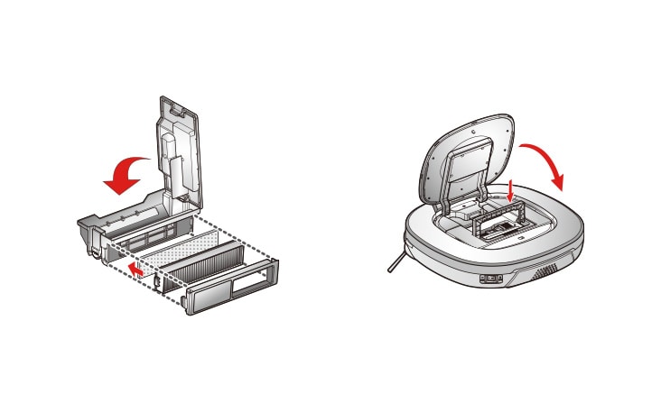 Diagram of robotic vacuum cleaner filter removal process, showing step-by-step instructions with arrows.