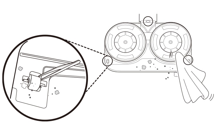 Press the nozzle release button to remove the mop nozzle from the extension pipe and turn the nozzle upside down Use a damp towel or cloth to remove any remaining foreign objects and dust from the bottom of the mop nozzle Remove foreign objects debris and hair from all Rollers of the nozzles using tweezers