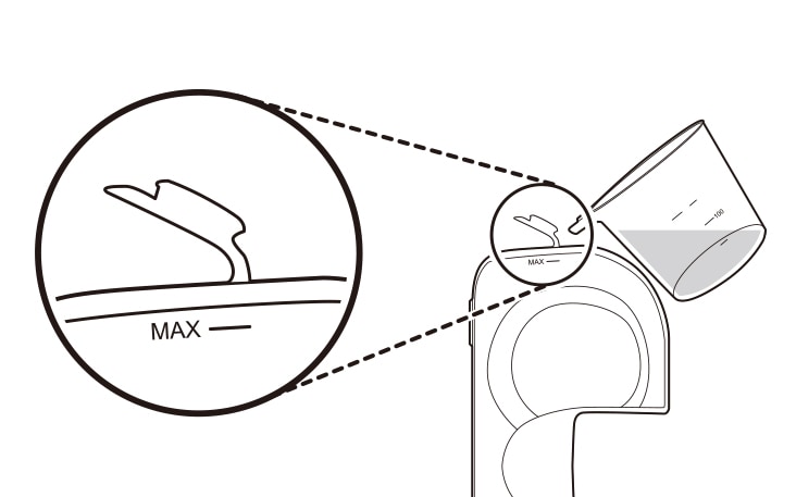 Open the water inlet cap on the side of the water tank and fill the tank with water using the measuring cup Open only one water inlet cap to fill the water Opening both caps may cause the water to flush Do not fill the tank over the MAX line Do not put liquid other than water and hot water in the water tank
