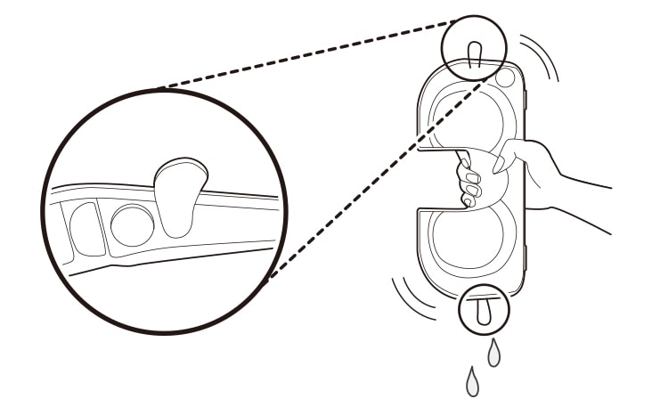Open the 2 water inlet caps on the side of the water tank and empty the water tank Shake the water tank to remove the remaining water