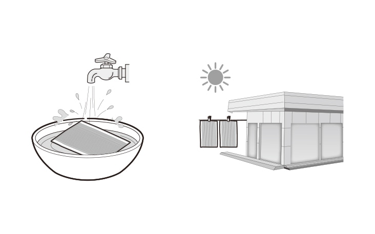 Illustration shows a bowl with water and a filter under a tap, and a building with two filters hanging to dry.