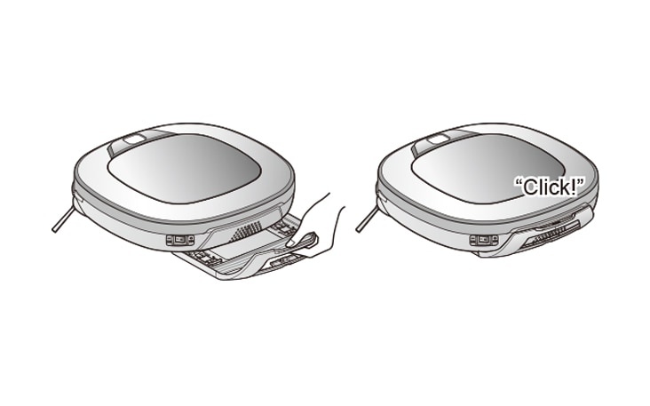 Diagram showing the assembly process of a mop plate on the vacuum, indicating a "Click!" sound upon proper fitting.