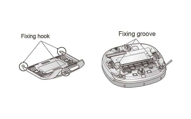 Illustration showing fixing hook on a component and fixing groove on a device, both parts labeled for clarity.