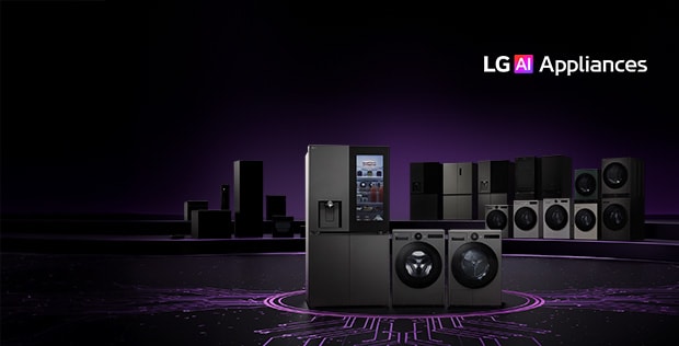 Lineup of LG home appliances including refrigerators, washing machines, dryers, and kitchen appliances displayed on a dark stage with a circuit board pattern floor.