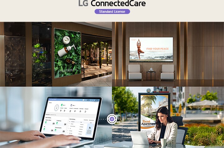 This is an example image featuring an administrator monitoring and managing indoor and outdoor digital signage using the LG ConnectedCare solution.