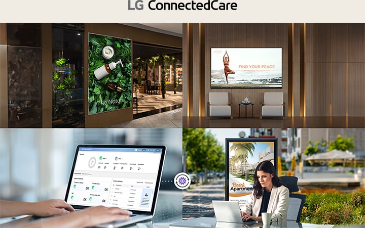This is an example image featuring an administrator monitoring and managing indoor and outdoor digital signage using the LG ConnectedCare solution.